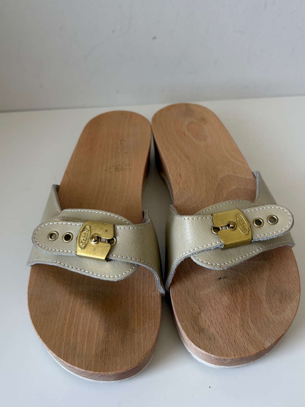 Dr Scholl Wood Leather Slide Sandals in Light Beige with Gold Accent Retro 70s